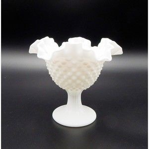Fenton Pedestal Hobnail Candy Dish Compote Milk Glass Ruffled Edge Vintage